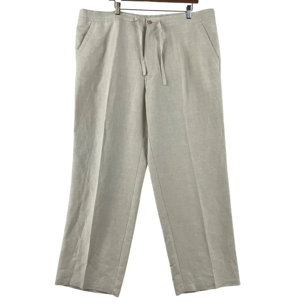 Havana Shirt Co Mens Drawstring Linen Beach Pants SZ XL 40/42 Natural Beige